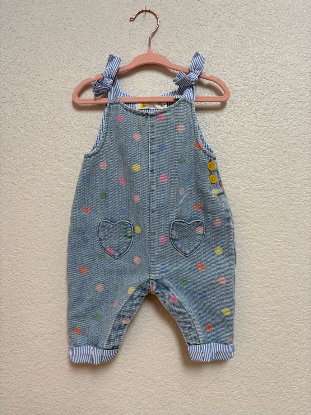 Baby Boden Multi Spot Dungarees Light Blue Denim Polka Dot Heart Pocket Overalls